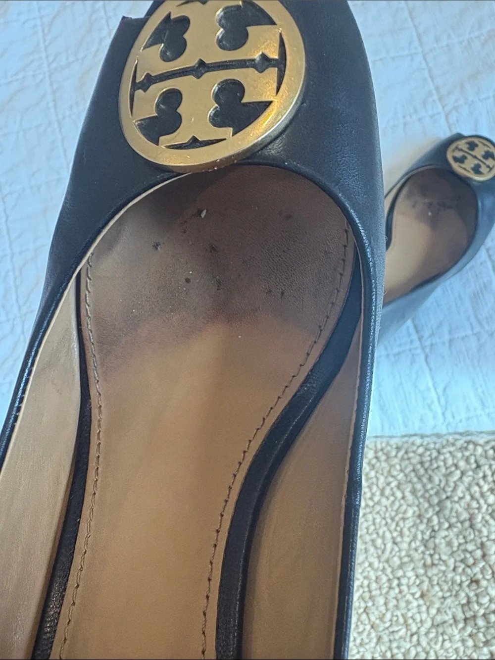 Tory Burch Black Peep-Toe Pumps with Gold Logo Medallion
